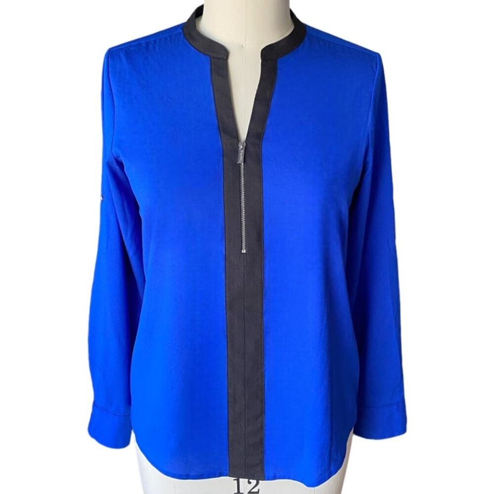CALVIN KLEIN Bright Blue & Black Long Sleeved Half Zip Popover Blouse ~ MEDIUM